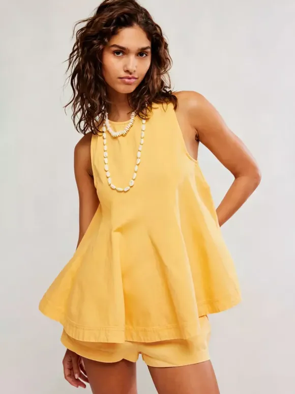 Two Piece Sets Mini Dresses Orange Daily Casual Denim Jewel Neck Sleeveless Casual Pant Set