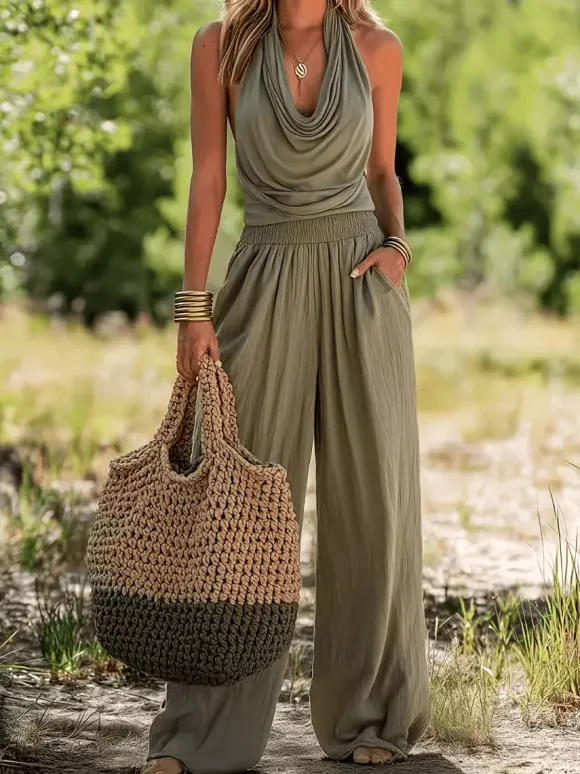 Two Piece Sets Olive Bohemian Cowl Neck Sleeveless Tank Wide Leg Pant Set