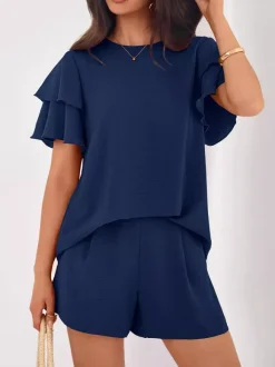 Two Piece Sets Pant Set Black Jewel Neck T-Shirt Sleeves Short Sleeves Sets