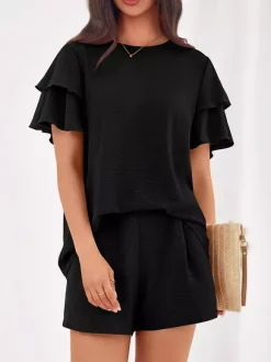 Two Piece Sets Pant Set Black Jewel Neck T-Shirt Sleeves Short Sleeves Sets