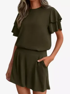 Two Piece Sets Pant Set Black Jewel Neck T-Shirt Sleeves Short Sleeves Sets