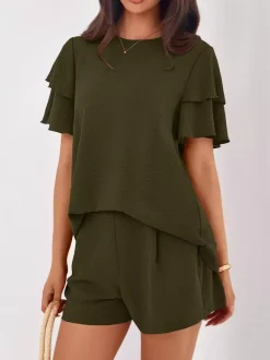 Two Piece Sets Pant Set Black Jewel Neck T-Shirt Sleeves Short Sleeves Sets