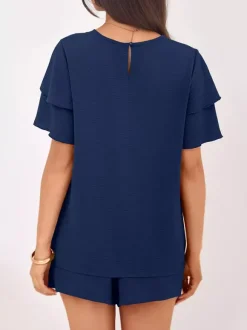 Two Piece Sets Pant Set Black Jewel Neck T-Shirt Sleeves Short Sleeves Sets