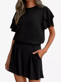 Two Piece Sets Pant Set Black Jewel Neck T-Shirt Sleeves Short Sleeves Sets