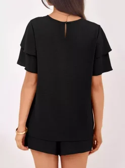 Two Piece Sets Pant Set Black Jewel Neck T-Shirt Sleeves Short Sleeves Sets