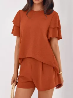 Two Piece Sets Pant Set Black Jewel Neck T-Shirt Sleeves Short Sleeves Sets