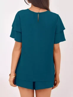 Two Piece Sets Pant Set Black Jewel Neck T-Shirt Sleeves Short Sleeves Sets
