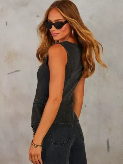 Two Piece Sets Pant Set Blue Elegant Party Buttons Denim Jewel Neck Sleeveless Sets