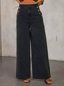 Two Piece Sets Pant Set Blue Elegant Party Buttons Denim Jewel Neck Sleeveless Sets