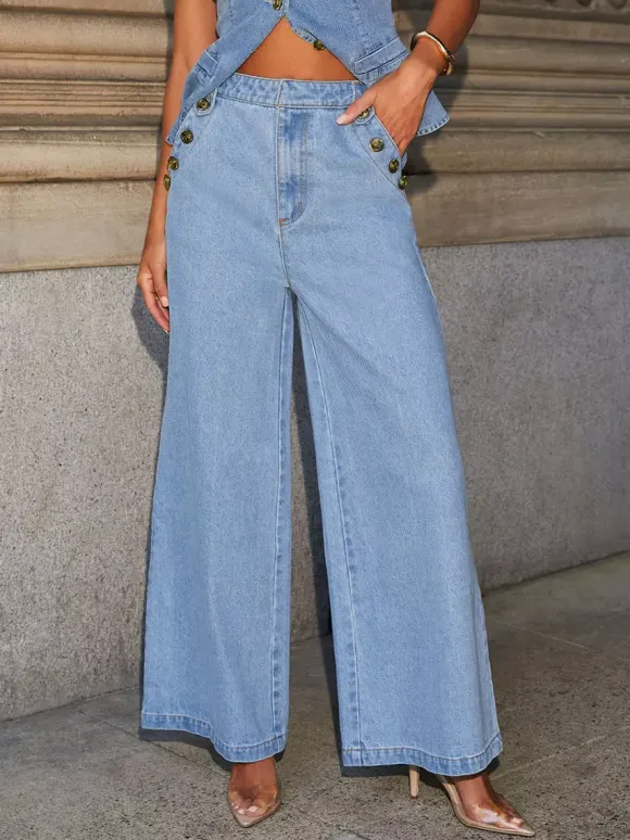 Two Piece Sets Pant Set Blue Elegant Party Buttons Denim Jewel Neck Sleeveless Sets