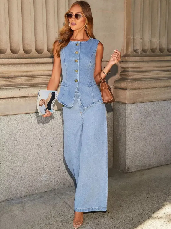 Two Piece Sets Pant Set Blue Elegant Party Buttons Denim Jewel Neck Sleeveless Sets