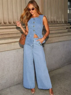 Two Piece Sets Pant Set Blue Elegant Party Buttons Denim Jewel Neck Sleeveless Sets
