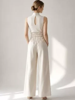 Two Piece Sets Pant Set Maxi Dresses Ecru White High Collar Sleeveless Elegant Sets
