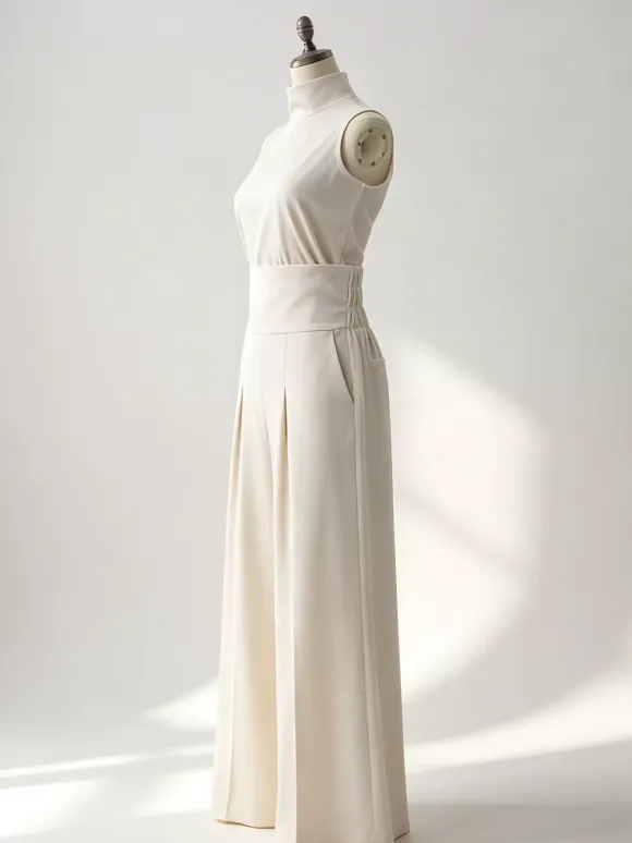 Two Piece Sets Pant Set Maxi Dresses Ecru White High Collar Sleeveless Elegant Sets