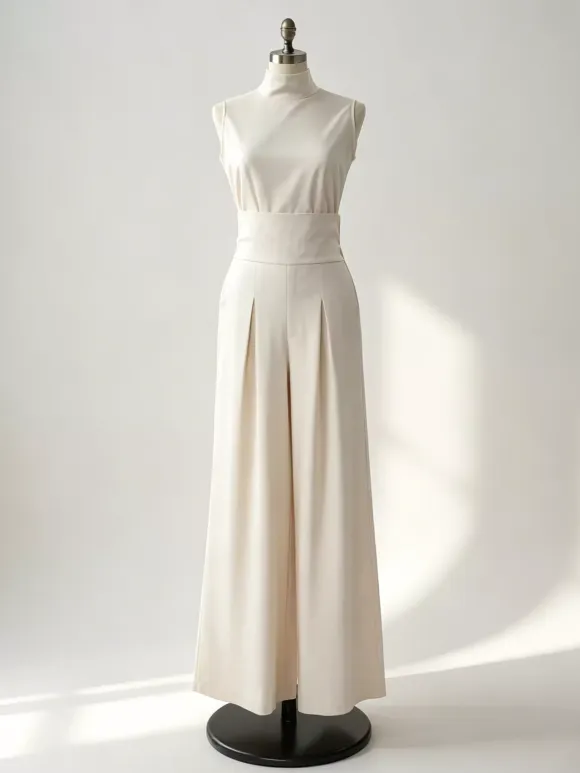 Two Piece Sets Pant Set Maxi Dresses Ecru White High Collar Sleeveless Elegant Sets