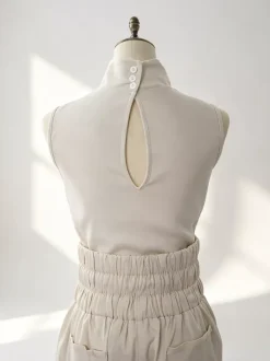 Two Piece Sets Pant Set Maxi Dresses Ecru White High Collar Sleeveless Elegant Sets