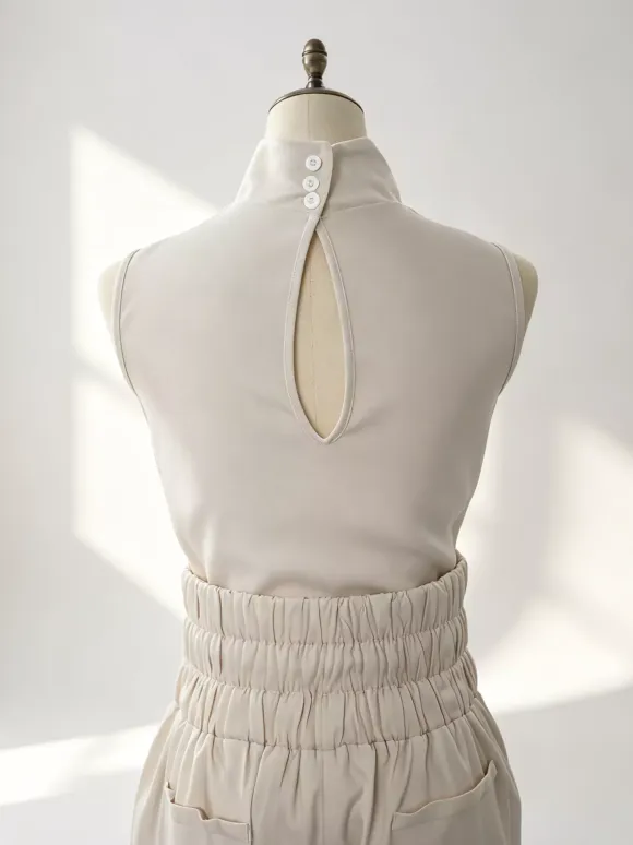 Two Piece Sets Pant Set Maxi Dresses Ecru White High Collar Sleeveless Elegant Sets
