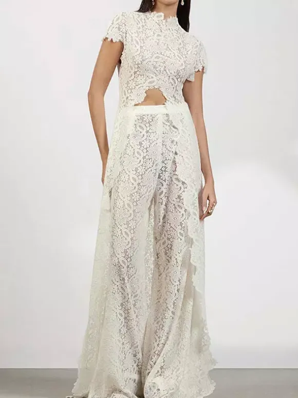 Two Piece Sets Pant Set Maxi Dresses White Resort Wear Jewel Neck Illusion Sleeves Short Sleeves Sets
