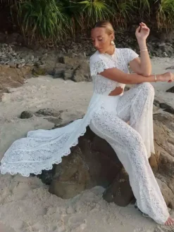 Two Piece Sets Pant Set Maxi Dresses White Resort Wear Jewel Neck Illusion Sleeves Short Sleeves Sets