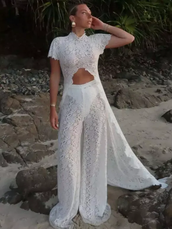 Two Piece Sets Pant Set Maxi Dresses White Resort Wear Jewel Neck Illusion Sleeves Short Sleeves Sets