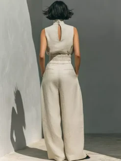 Two Piece Sets Pant Set Maxi Dresses Ecru White High Collar Sleeveless Elegant Sets