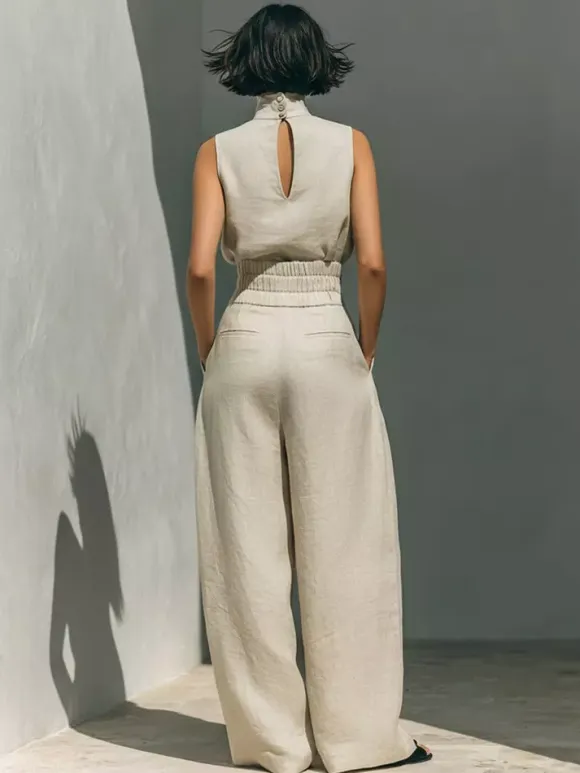 Two Piece Sets Pant Set Maxi Dresses Ecru White High Collar Sleeveless Elegant Sets
