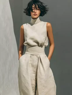 Two Piece Sets Pant Set Maxi Dresses Ecru White High Collar Sleeveless Elegant Sets