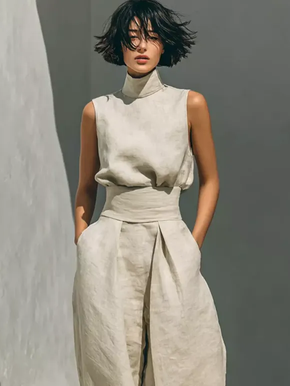 Two Piece Sets Pant Set Maxi Dresses Ecru White High Collar Sleeveless Elegant Sets