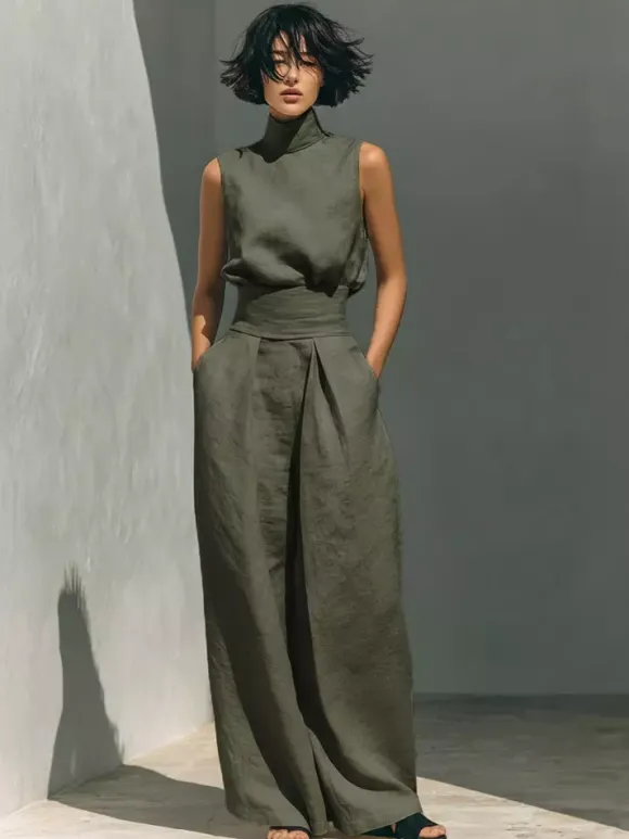 Two Piece Sets Pant Set Maxi Dresses Ecru White High Collar Sleeveless Elegant Sets