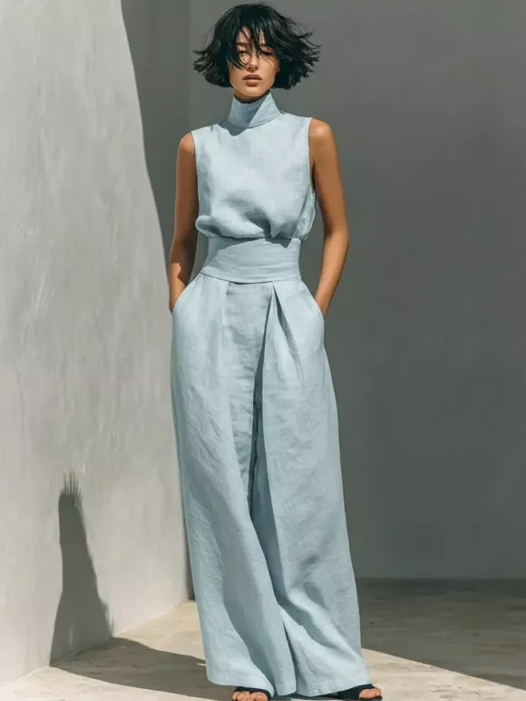 Two Piece Sets Pant Set Maxi Dresses Ecru White High Collar Sleeveless Elegant Sets