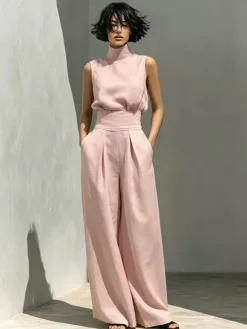 Two Piece Sets Pant Set Maxi Dresses Ecru White High Collar Sleeveless Elegant Sets