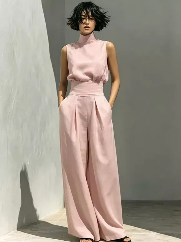 Two Piece Sets Pant Set Maxi Dresses Ecru White High Collar Sleeveless Elegant Sets