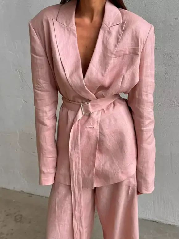 Two Piece Sets Pant Set Pink Chic Sash Cotton Turndown Collar Long Sleeves Top Pant Suits