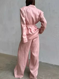 Two Piece Sets Pant Set Pink Chic Sash Cotton Turndown Collar Long Sleeves Top Pant Suits