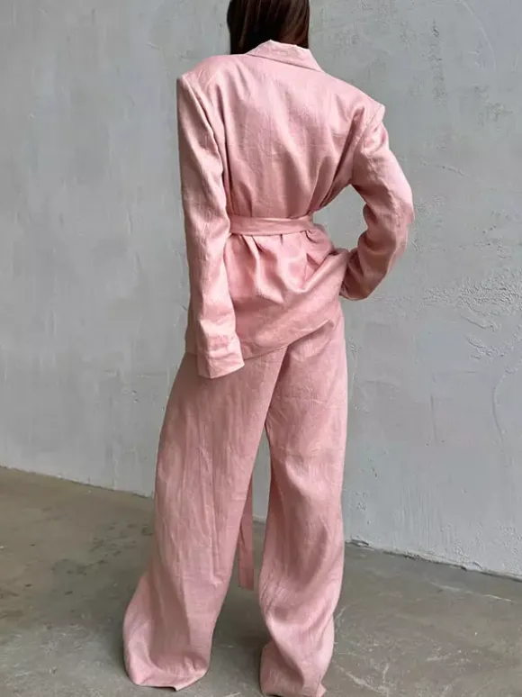 Two Piece Sets Pant Set Pink Chic Sash Cotton Turndown Collar Long Sleeves Top Pant Suits