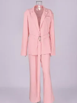 Two Piece Sets Pant Set Pink Chic Sash Cotton Turndown Collar Long Sleeves Top Pant Suits