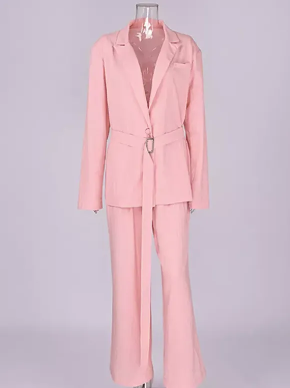Two Piece Sets Pant Set Pink Chic Sash Cotton Turndown Collar Long Sleeves Top Pant Suits