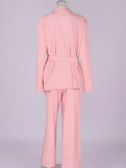 Two Piece Sets Pant Set Pink Chic Sash Cotton Turndown Collar Long Sleeves Top Pant Suits