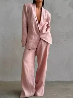Two Piece Sets Pant Set Pink Chic Sash Cotton Turndown Collar Long Sleeves Top Pant Suits