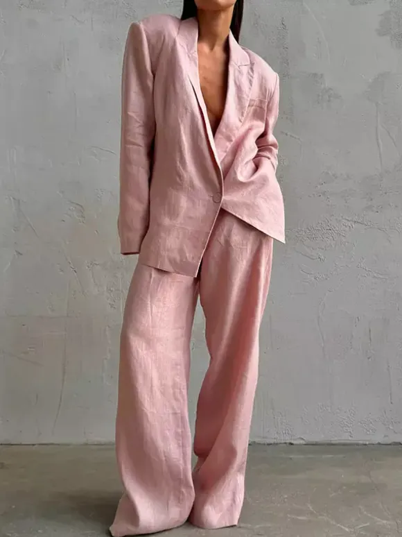 Two Piece Sets Pant Set Pink Chic Sash Cotton Turndown Collar Long Sleeves Top Pant Suits