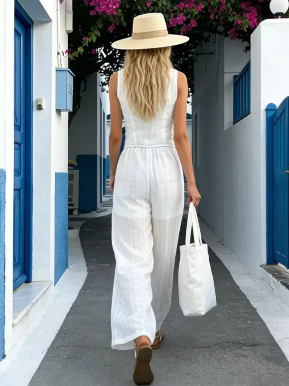 Two Piece Sets Pant Set White Printed Street Wear Polyester V-Neck Sleeveless Casual Pant Set