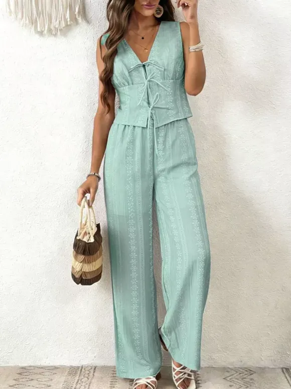 Two Piece Sets Pant Set White Printed Street Wear Polyester V-Neck Sleeveless Casual Pant Set