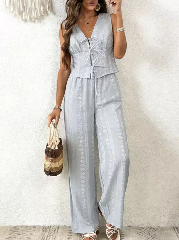 Two Piece Sets Pant Set White Printed Street Wear Polyester V-Neck Sleeveless Casual Pant Set