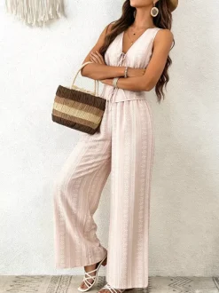 Two Piece Sets Pant Set White Printed Street Wear Polyester V-Neck Sleeveless Casual Pant Set