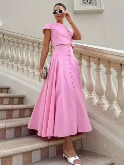 Two Piece Sets Pink Casual Buttons Street Wear Jewel Neck Short Sleeves Skirt Set