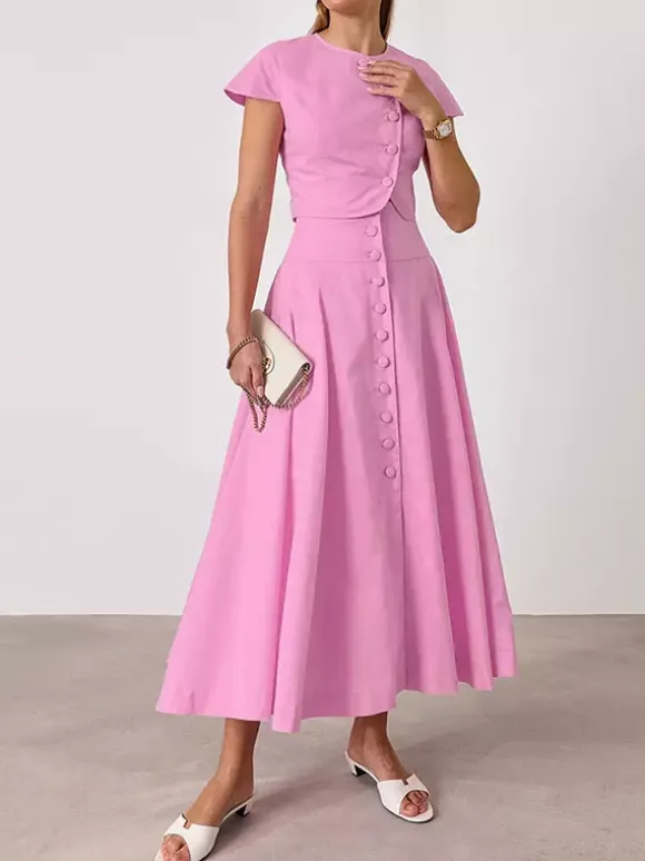 Two Piece Sets Pink Casual Buttons Street Wear Jewel Neck Short Sleeves Skirt Set