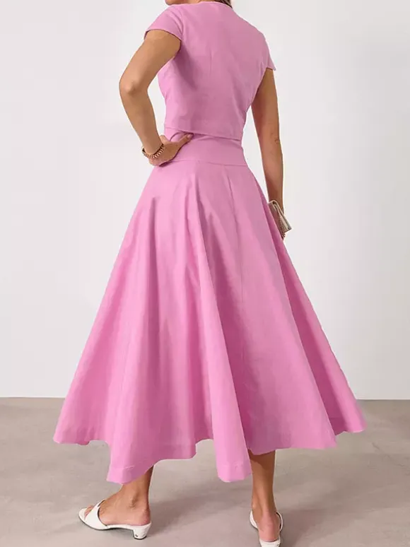 Two Piece Sets Pink Casual Buttons Street Wear Jewel Neck Short Sleeves Skirt Set