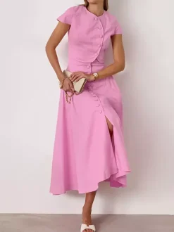 Two Piece Sets Pink Casual Buttons Street Wear Jewel Neck Short Sleeves Skirt Set