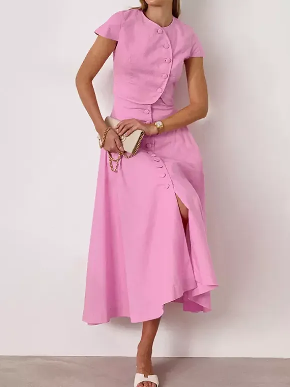 Two Piece Sets Pink Casual Buttons Street Wear Jewel Neck Short Sleeves Skirt Set