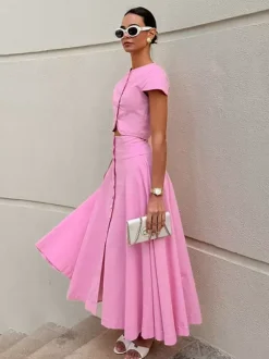 Two Piece Sets Pink Casual Buttons Street Wear Jewel Neck Short Sleeves Skirt Set